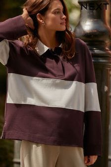 Purple/Ecru Stripe 100% Cotton Button Down Rugby Polo Shirt (443876) | $49