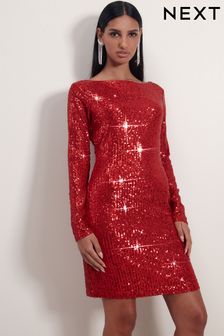 Czerwony - Cekinowa sukienka mini z długim rękawem (444180) | 150 zł