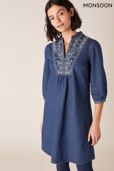 Robe Monsoon en jean bleue brodée