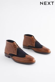 Tan Brown Leather Brogue Boots with Blue Suede (444829) | €23