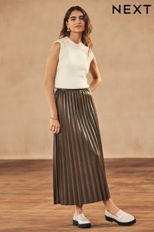 Tan Brown PU Pleated Midi Skirt (445373) | AED96