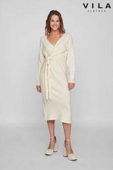 VILA Cream Long Sleeve Knitted Wrap Detail Cosy Jumper Dress (445429) | AED250