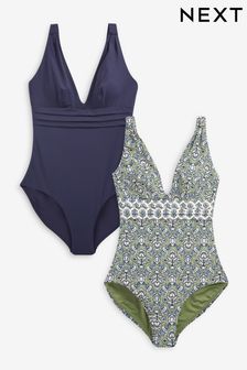 Navy Blue/Khaki Green Woodblock Plunge Tummy Control Swimsuits 2 Pack (445652) | $100