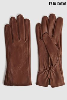 Reiss Tan Giselle Leather Ruched Gloves (445682) | 36,540 Ft