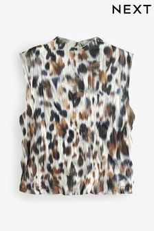 Brown/Khaki Green Leopard Print Textured Sleeveless Top (445814) | €12