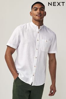 White Grandad Collar Linen Blend Short Sleeve Shirt (445906) | OMR12