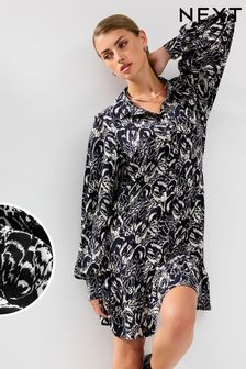 Black/White Feather Print Long Sleeve Mini Shirt Dress (446272) | €13