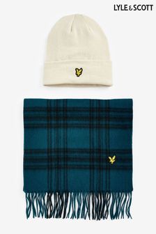 Lyle & Scott Navy Check Lambswool Scarf and Hat Set (446861) | LEI 358
