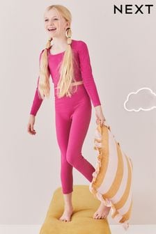 Fuchsia Pink Ribbed Stretch Top & Leggings Set (7-16yrs) (448892) | KRW40,600 - KRW53,400