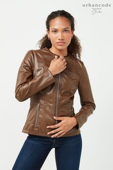 Urban Code Light Brown Saint Smith Collarless Zip Detail Faux Leather Jacket (449062) | AED277