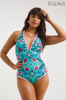 Figleaves Blue & Pink Floral Print Frida Halter Swimsuit (449819) | 223 QAR
