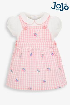 JoJo Maman Bébé Pink Gingham Baby Dungaree Dress & Bodysuit Set