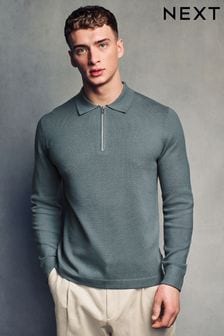 Petrolblau - Zip Neck Regular Fit Knitted Long Sleeve Polo Shirt (451371) | CHF 61