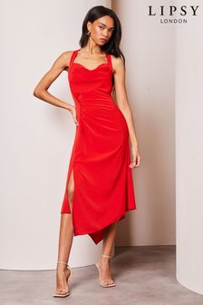 Lipsy Red Cowl Neck Drape Front Ruched Midi Dress (455586) | SGD 120