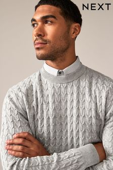 Grey Cable Gingham Crew Neck Regular Mock 100% Cotton Shirt Jumper (457520) | $60