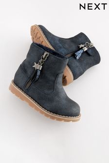 Navy Blue Shimmer Wide Fit (G) Warm Lined Tassel Detail Zip Boots (458402) | €25 - €28