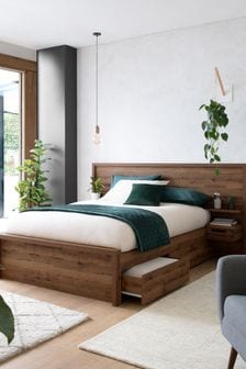 Bronx Oak Effect Two Drawer Storage Wooden Bed with Bedsides