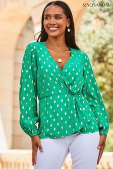 Sosandar Green Foil Spot Long Sleeve Knot Front Top (459516) | $84