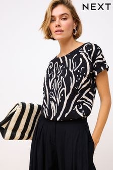 Black White Swirl Print 100% Cotton Cap Sleeve T-Shirt Top (459967) | $14