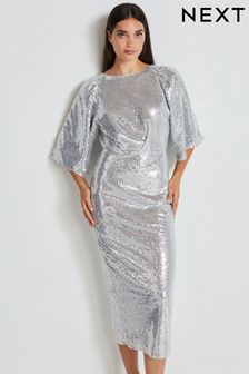 Srebrny - Cekinowa sukienka midi z rękawami typu nietoperz (461075) | 230 zł