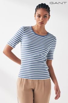 GANT Blue Breton Striped Cotton Stretch Ribbed T-Shirt