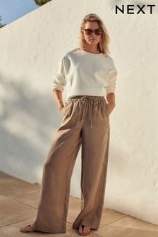 Taupe Brown Premium 100% Linen Wide Leg Trousers (465883) | OMR19