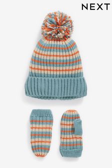 Blue/Orange Stripe Hat and Mitten Set (3mths-10yrs) (465970) | DKK91 - DKK105