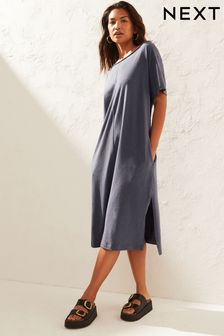 Blue Slash Neck Jersey Summer Dress With Linen (466743) | ₪ 107