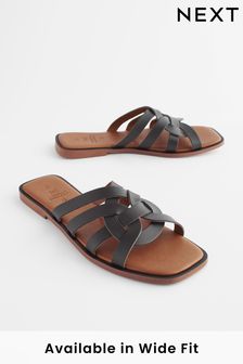 Black - Forever Comfort® Leather Lattice Mules Sandals (467672) | kr360