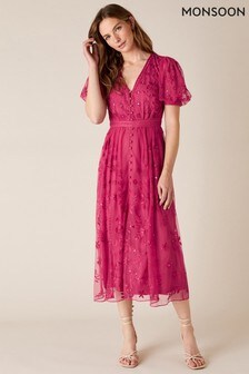 Monsoon Pink Valerie Sequin Embroidered Tea Dress (469022) | ₪ 488