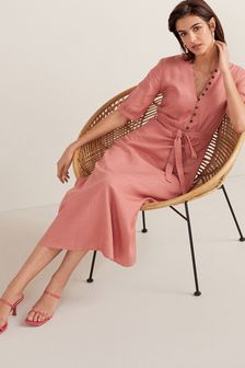 Růžová - Midi šaty z lněné směsi s páskem (469720) | 1 115 Kč