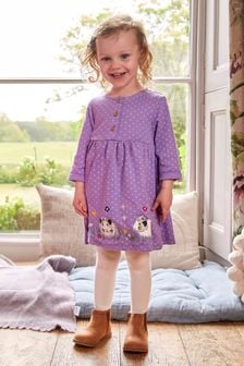 JoJo Maman Bébé Lilac Purple Guinea Pig Appliqué Button Front Dress (470208) | LEI 131