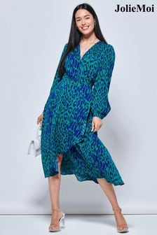 Jolie Moi Green Crepe Wrap Long Sleeve Midi Dress (471177) | €42