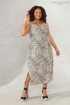 Live Unlimited Curve Palm Print Drawstring Brown Dress With Side Slits (472454) | 237 zł