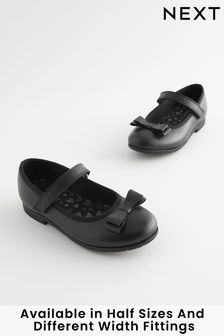 Black Narrow Fit (E) School Leather Bow Mary Jane Shoes (476639) | €33 - €44