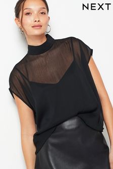 Black Sheer Layer Cap Sleeve Top (479028) | KRW69,900