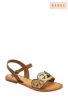 Ravel Brown Leather Sandals With Woven Trim Detail (479330) | $82