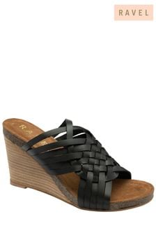 Ravel Black Leather Wedge Strappy Mule Sandals (479694) | LEI 418