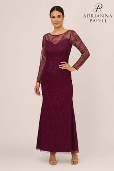Adrianna Papell Red Studio Beaded Long Sleeve Gown