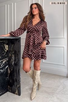 Girl In Mind Brown Katrina Spot Print Long Sleeve Mini Dress (480951) | 89 QAR