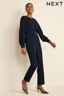 Navy Blue Crepe Long Sleeve Belted Taper Jumpsuit (481640) | AED132