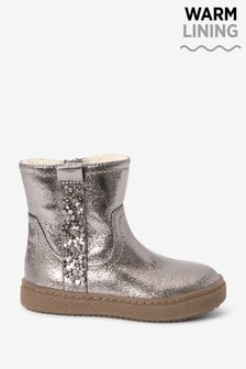 Kositrno srebrna - Toplo podloženi škornji z zadrgo in cvetlicami (482413) | €32 - €37