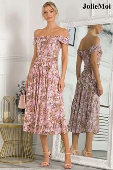 Różowy siateczkowa sukienka midi Jolie Moi Rezka z odkrytymi ramionami (483036) | 217 zł