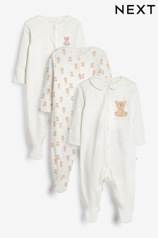 Tan Bear Delicate Appliqué Baby Sleepsuits 3 Pack (0-12mths) (485758) | DKK220 - DKK240