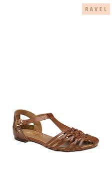 Ravel Brown Leather Flat Sandals (486611) | $100
