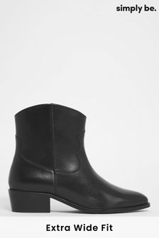 Simply Be Soft Leather Western Black  Ankle Boots In Extra Wide Fit (488472) | 90 €
