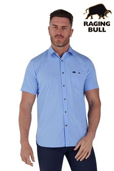 Raging Bull Blue Short Sleeve Bengal Stripe Linen Cotton Shirt (490499) | €34 - €37