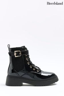 River Island Black Black Lace Up Buckle Boots (491947) | $72
