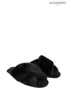 Mules Accessorize noires en fausse fourrure luxueuse