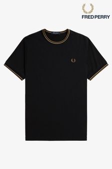 Schwarz/Stein/Stein - Fred Perry T-Shirt mit doppeltem Streifen und Logo (492723) | 76 €